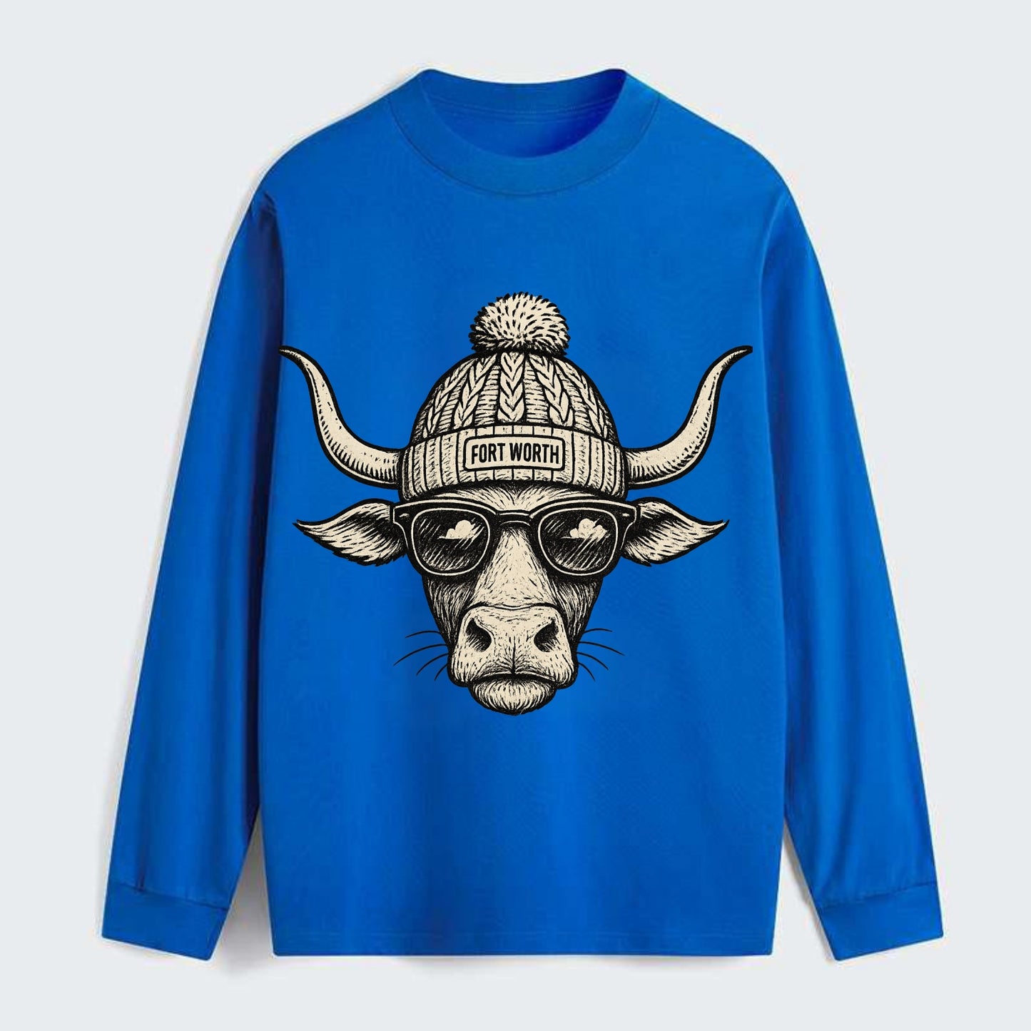 Fort Worth Longhorn wearing Fort Worth beanie with pom pom and wayfarer - Classic Long Sleeve Shirt - Blue