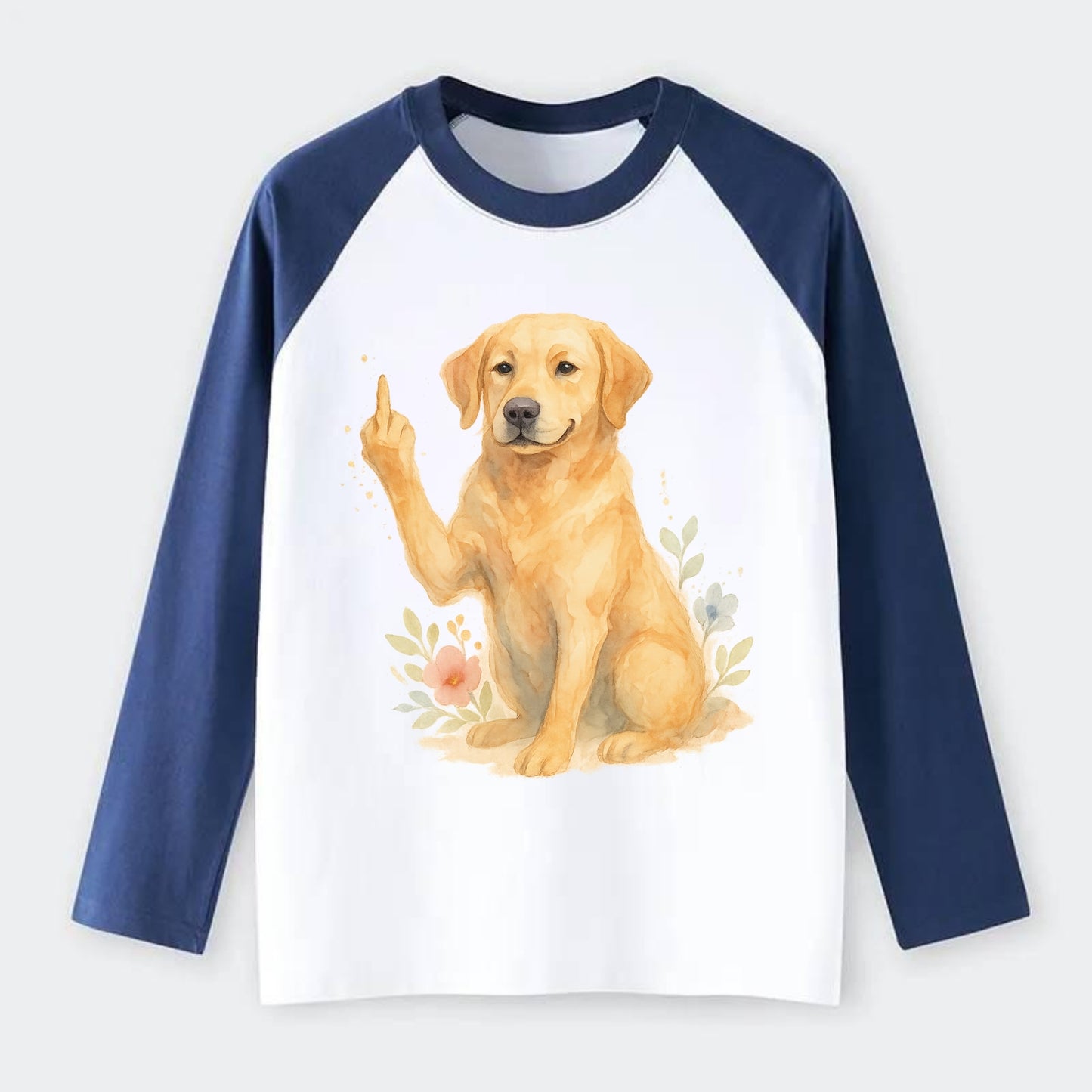 Labrador Retriever yellow sitting pretty, friendly face, strong paw up - Raglan Long Sleeve T-Shirt - Blue