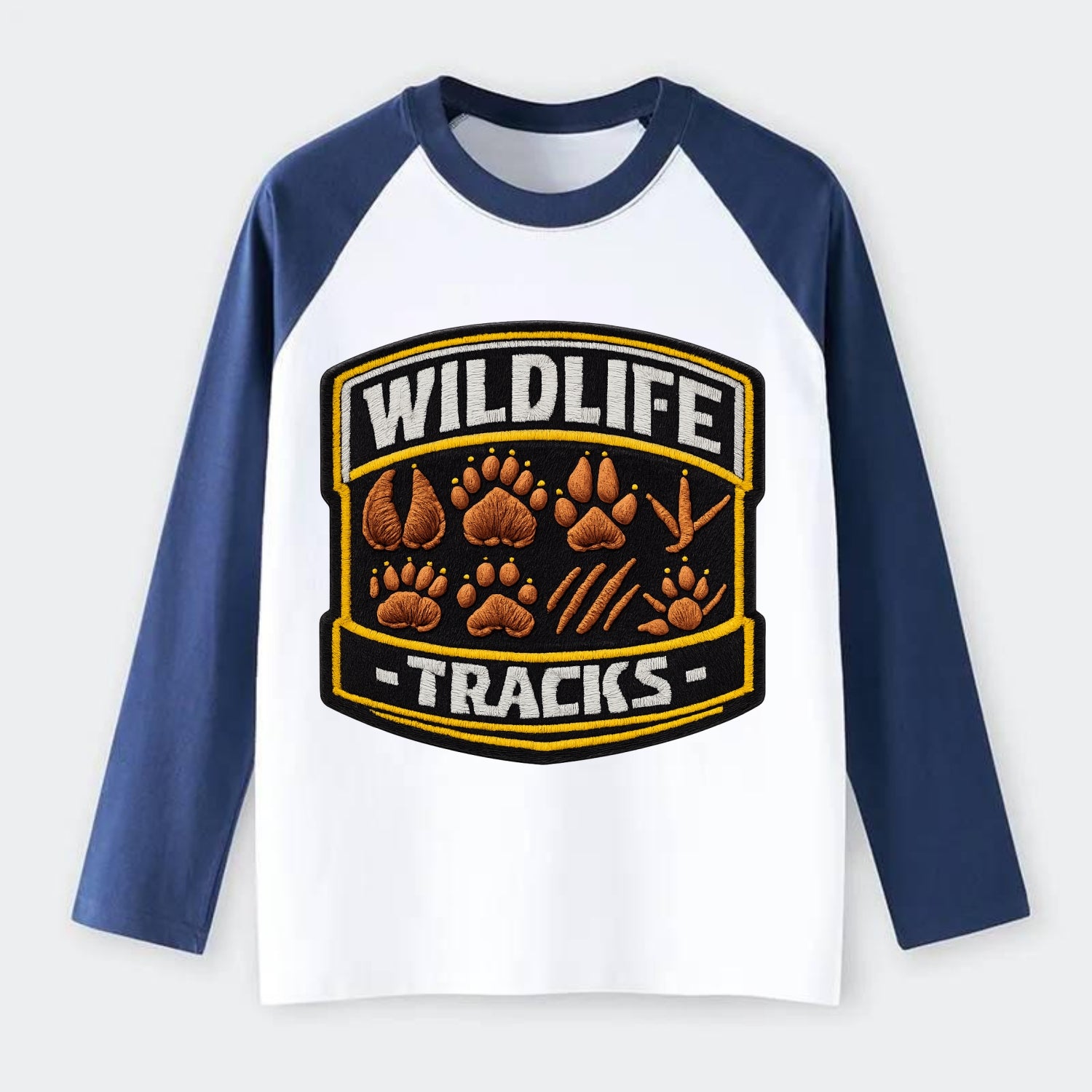 WILDLIFE TRACKS - animal footprints in brown , tracker - Raglan Long Sleeve T-Shirt - Blue