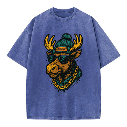 Alaska Moose wearing Anchorage beanie with pom pom and wayfarer sunglasses - Vintage T-shirt - Blue