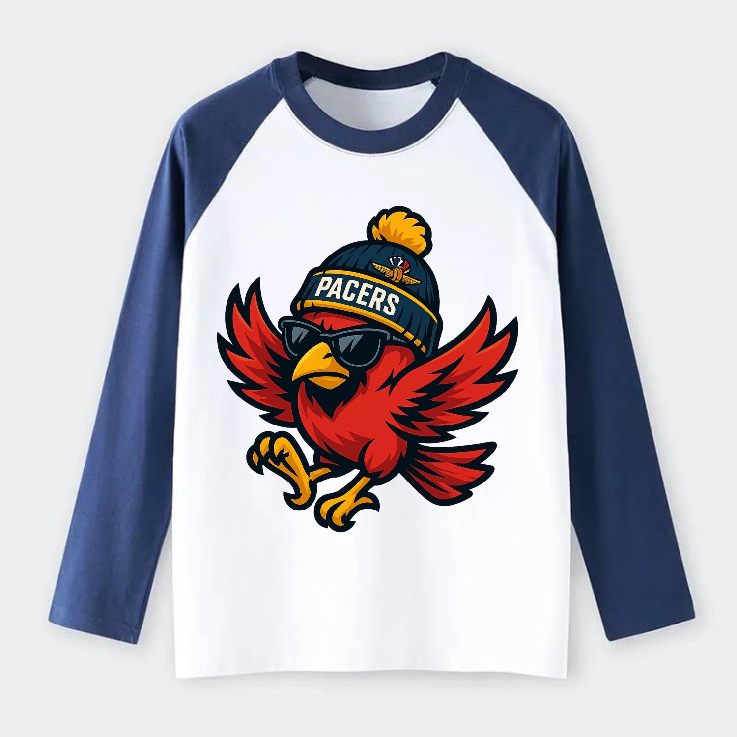 Indiana Cardinal wearing Pacers beanie with speedway patch and - Raglan Long Sleeve T-Shirt - Blue
