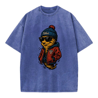Tulsa Hurricane wearing Tulsa beanie with TU patch - Vintage T-shirt - Blue