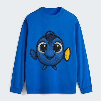 Baby Blue Tang - bright blue with yellow tail, big eyes, front-facing, - Classic Long Sleeve Shirt - Blue