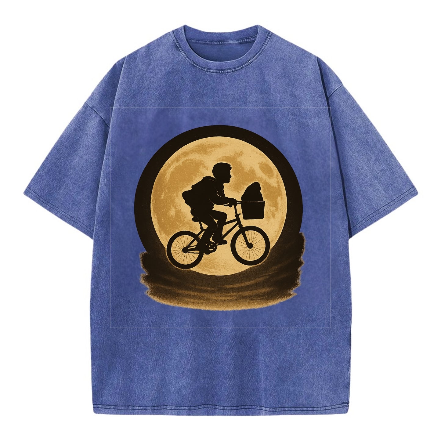 boy with bicycle flying across full moon with silhouette - Vintage T-shirt - Blue