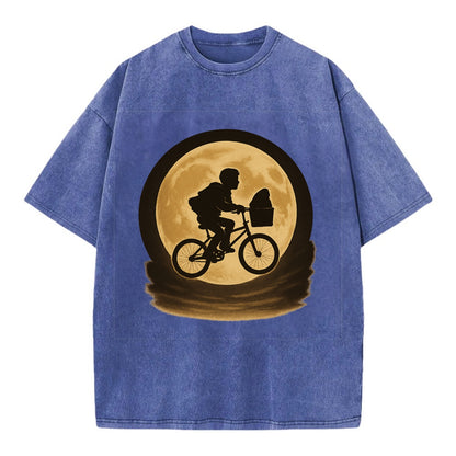 boy with bicycle flying across full moon with silhouette - Vintage T-shirt - Blue