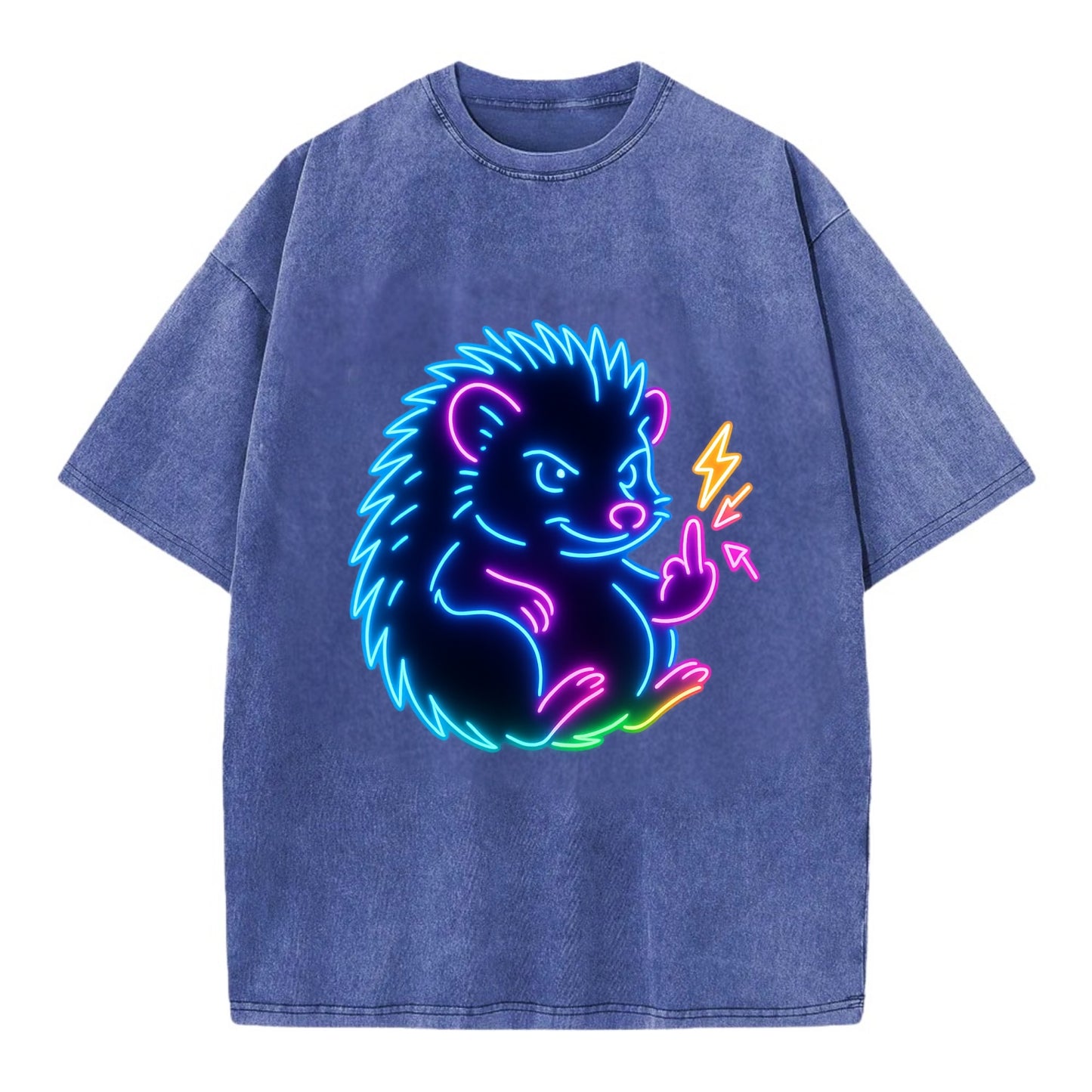 tiny hedgehog curled up slightly, one little paw raised flipping the bird - Vintage T-shirt - Blue