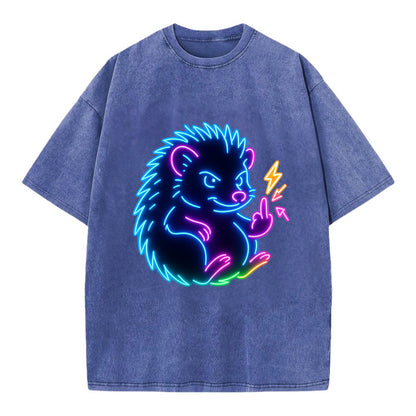 tiny hedgehog curled up slightly, one little paw raised flipping the bird - Vintage T-shirt - Blue