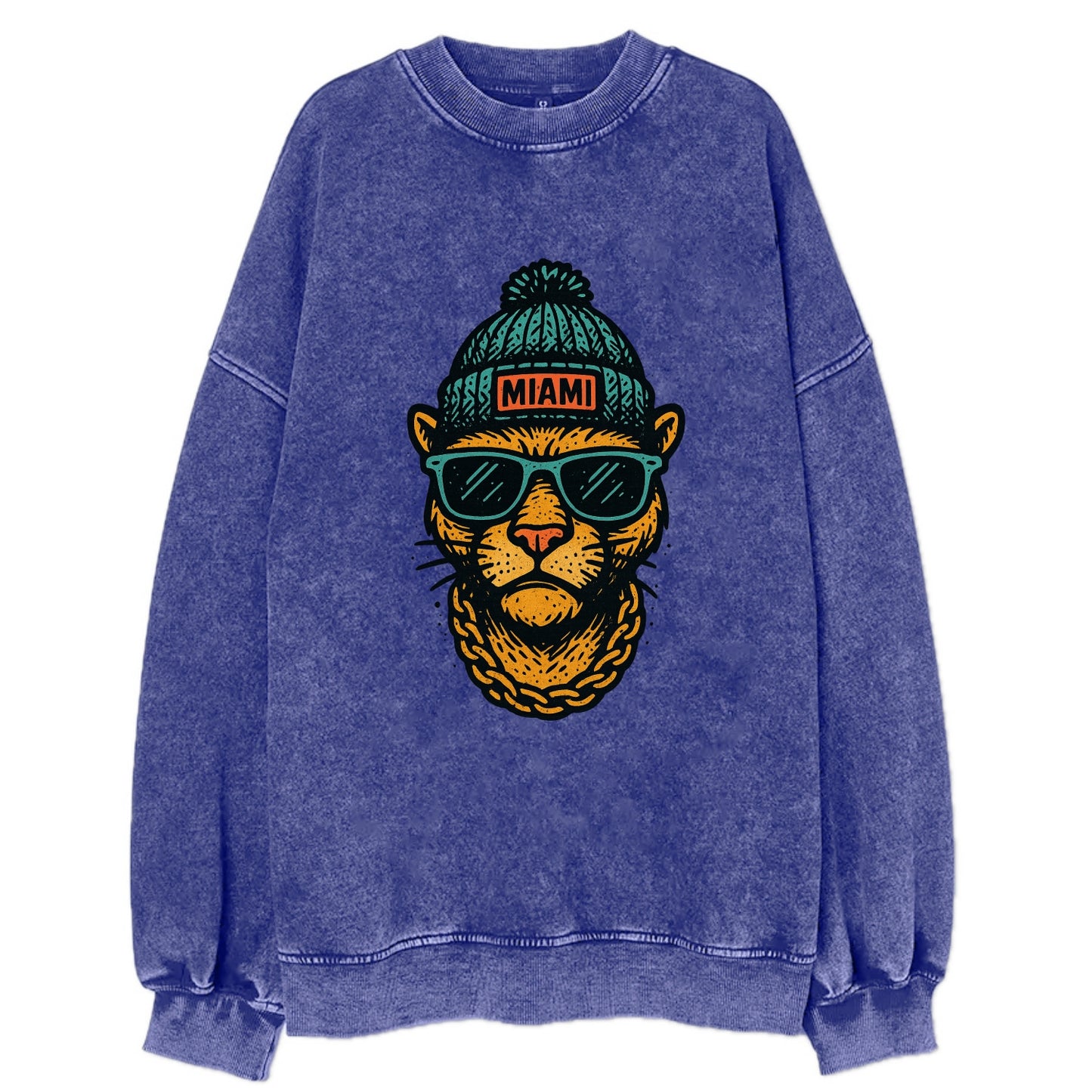 Florida Panther wearing Miami beanie with pom pom and wayfarer sunglasses - Vintage Sweatshirt - Blue