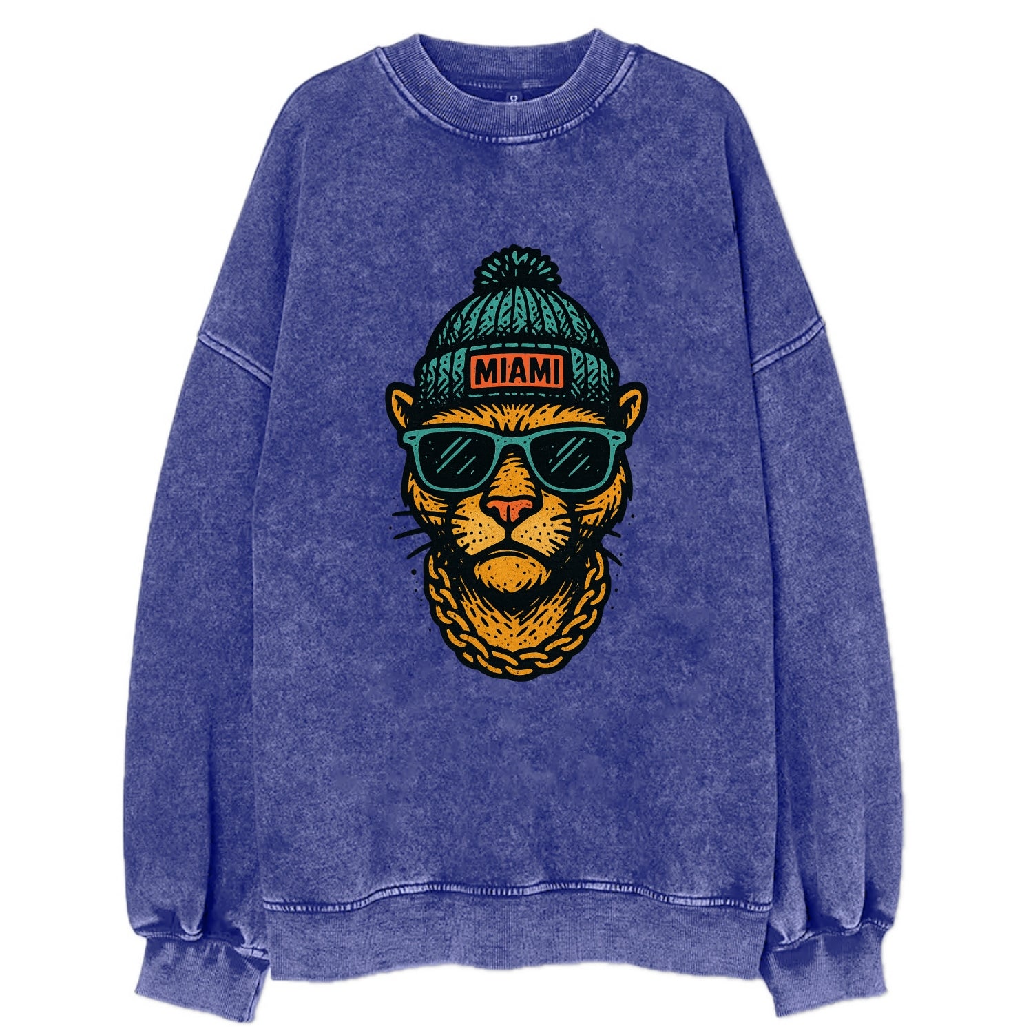 Florida Panther wearing Miami beanie with pom pom and wayfarer sunglasses - Vintage Sweatshirt - Blue