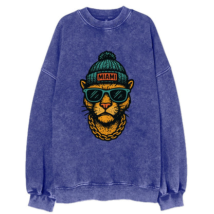 Florida Panther wearing Miami beanie with pom pom and wayfarer sunglasses - Vintage Sweatshirt - Blue