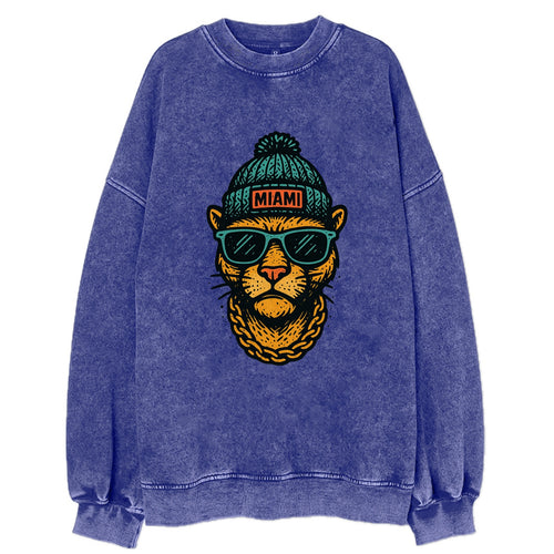 Florida Panther wearing Miami beanie with pom pom and wayfarer sunglasses - Vintage Sweatshirt