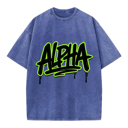 Bold typography design - "ALPHA" - leader of the pack - Vintage T-shirt - Blue