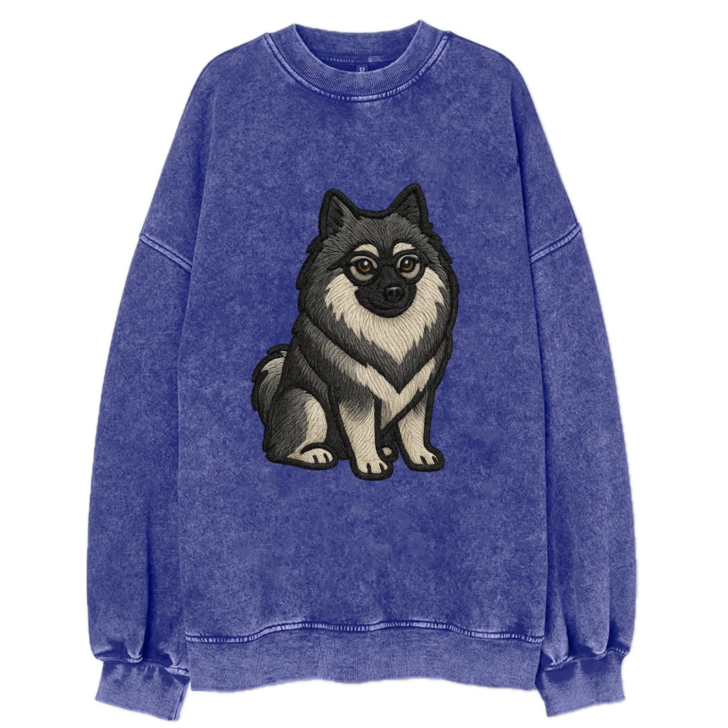 Keeshond - Gray and black spectacles embroidered design - Vintage Sweatshirt - Blue