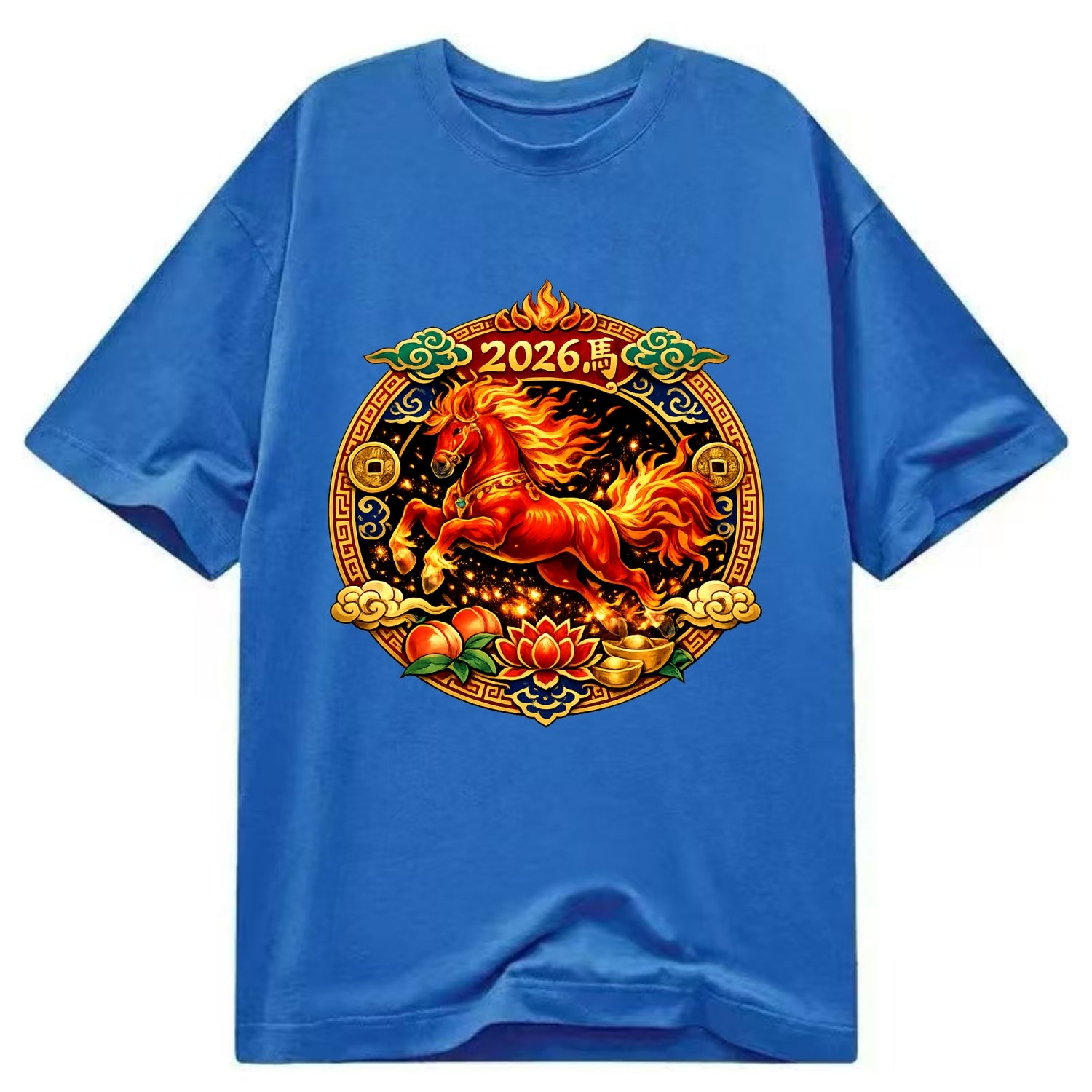 FIRE HORSE | Flaming mane and tail horse | Blazing orange and red colors | - Classic T-shirt - Blue