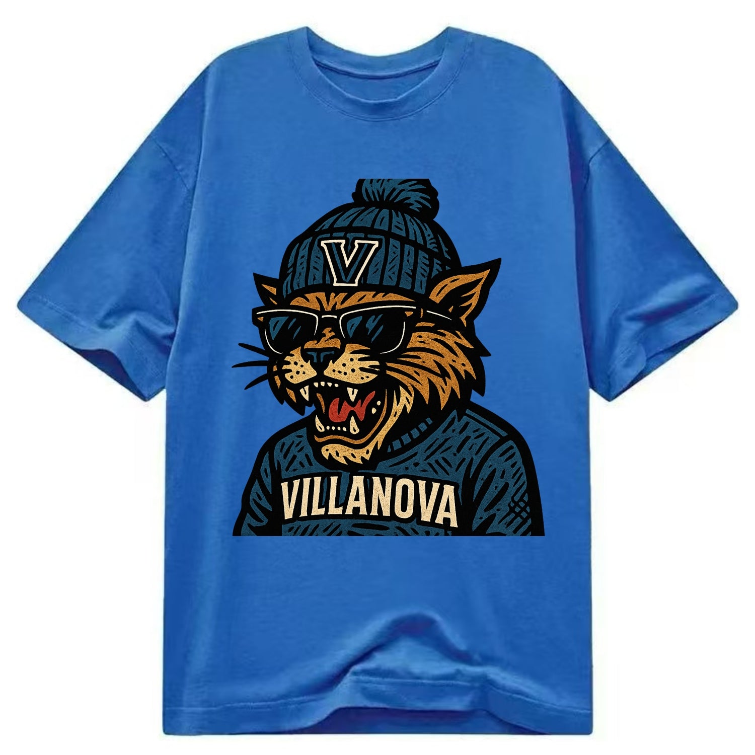 Villanova Wildcat wearing Villanova beanie with V patch - Classic T-shirt - Blue