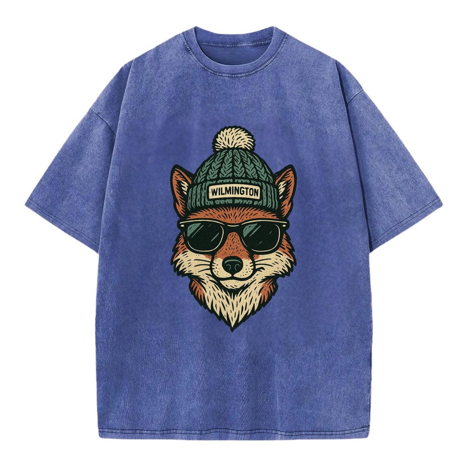 Delaware Gray Fox wearing Wilmington beanie with pom pom and wayfarer sunglasses - Vintage T-shirt - Blue