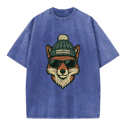 Delaware Gray Fox wearing Wilmington beanie with pom pom and wayfarer sunglasses - Vintage T-shirt - Blue