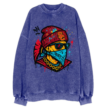 Los Angeles Trojan wearing USC beanie with SC patch - Vintage Sweatshirt - Blue