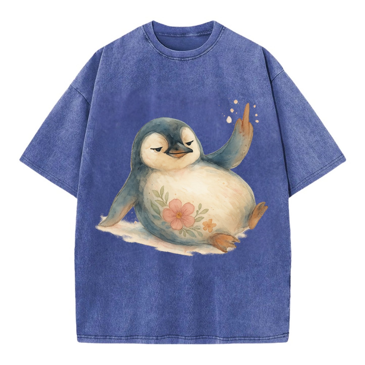 chubby penguin sliding on belly, one flipper up giving attitude - Vintage T-shirt - Blue