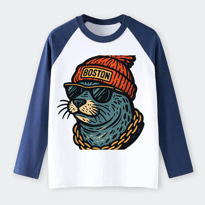 Boston Harbor Seal wearing Boston beanie with pom pom and wayfarer - Raglan Long Sleeve T-Shirt - Blue