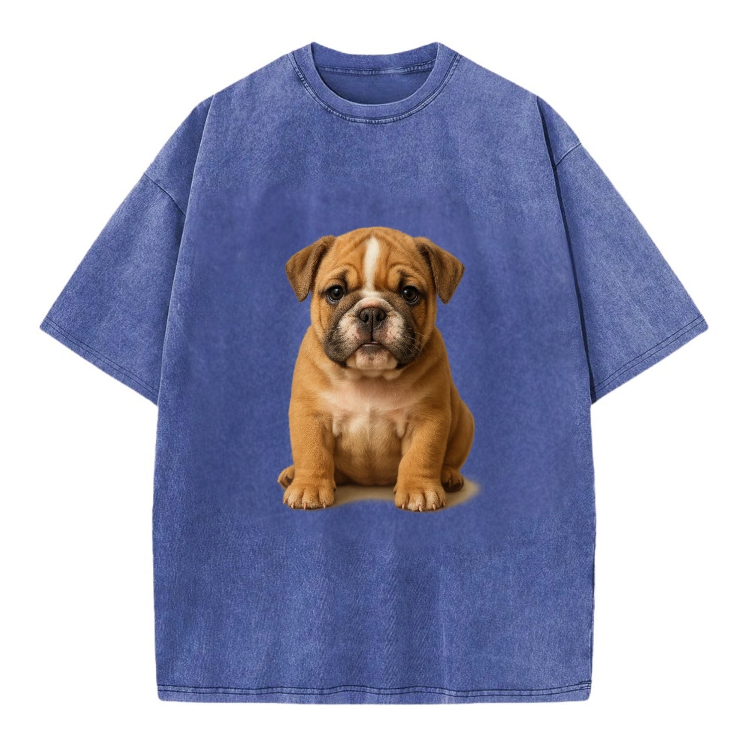 Baby Bulldog Puppy - wrinkly face, underbite, stocky body, gentle eyes, - Vintage T-shirt - Blue