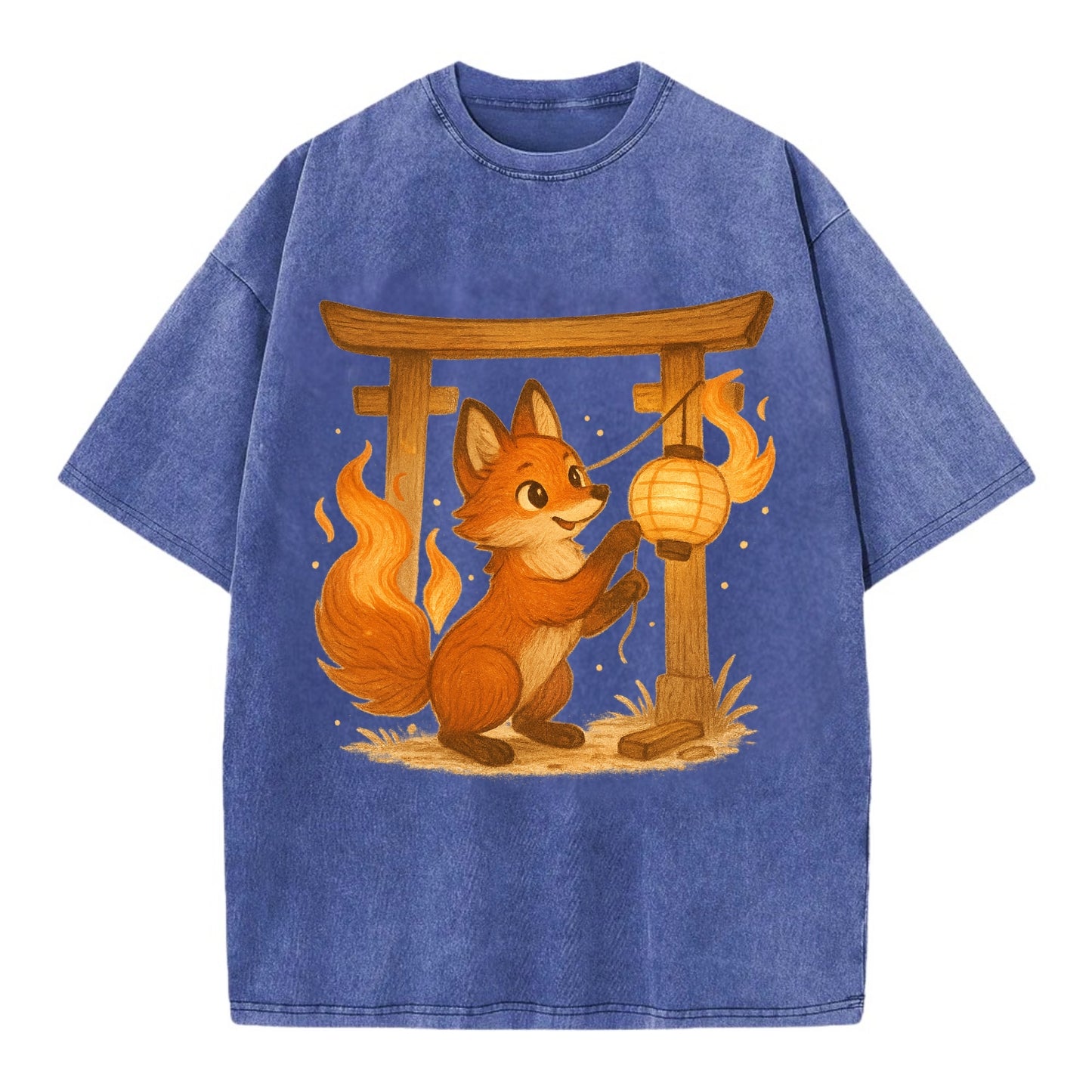 Foxfire kitsune stringing lanterns along a torii gate with tails of living flame - Vintage T-shirt - Blue