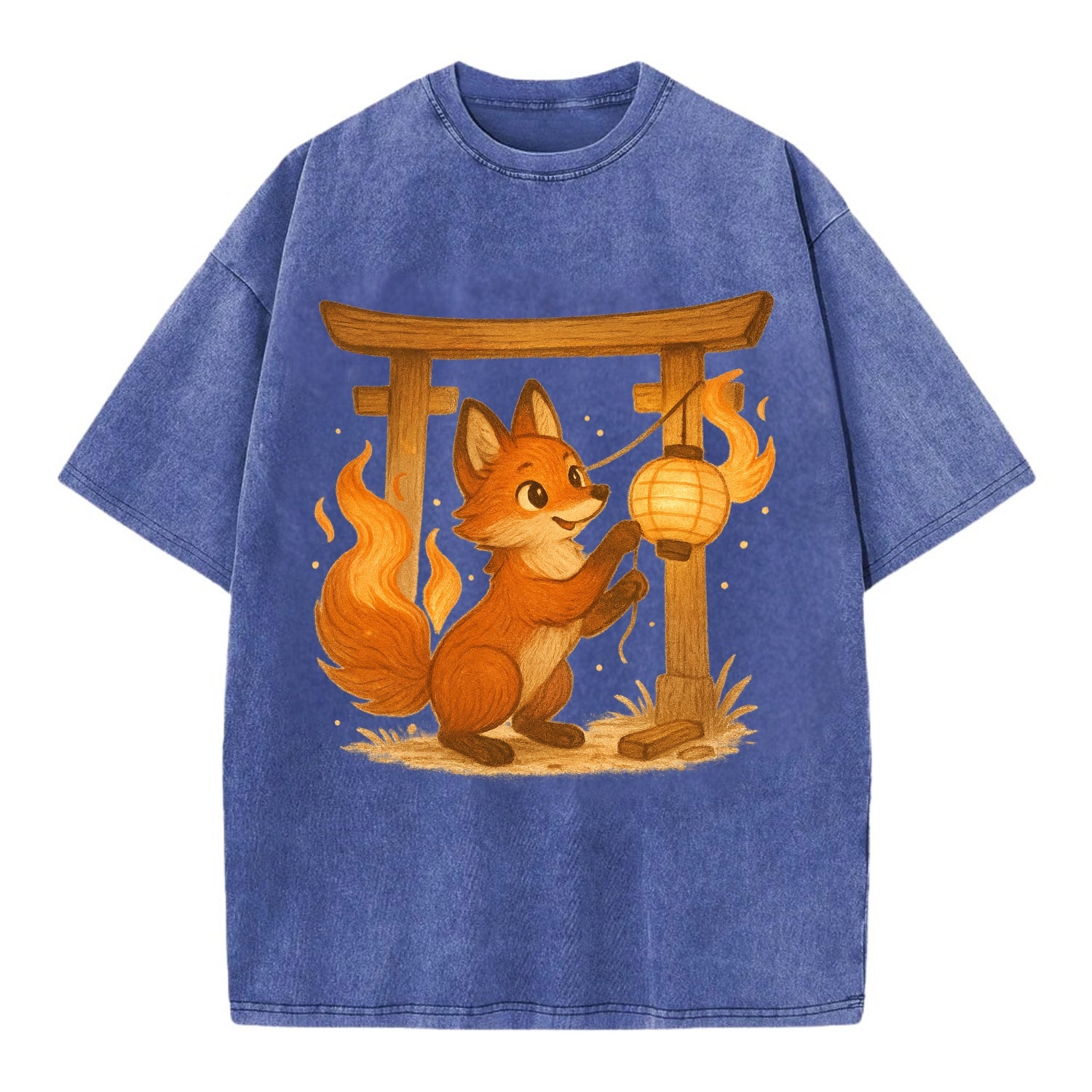 Foxfire kitsune stringing lanterns along a torii gate with tails of living flame - Vintage T-shirt - Blue