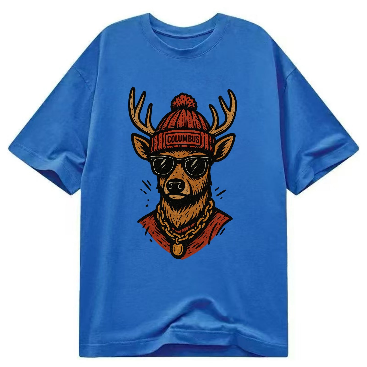 Columbus White-tailed Deer wearing Columbus beanie with pom pom and wayfarer - Classic T-shirt - Blue
