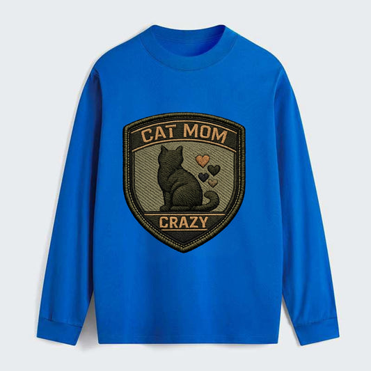 CAT MOM CRAZY - cat silhouette with hearts in purple , cat lady - Classic Long Sleeve Shirt - Blue