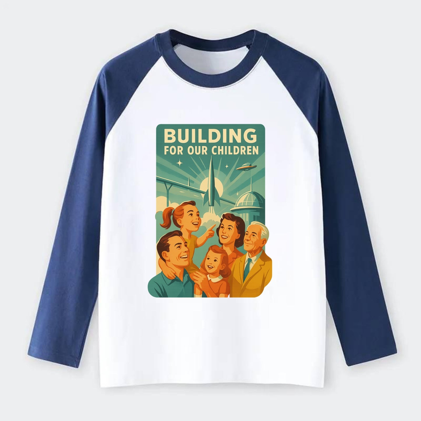 Multiple generations celebrating progress together - "Building for Our - Raglan Long Sleeve T-Shirt - Blue