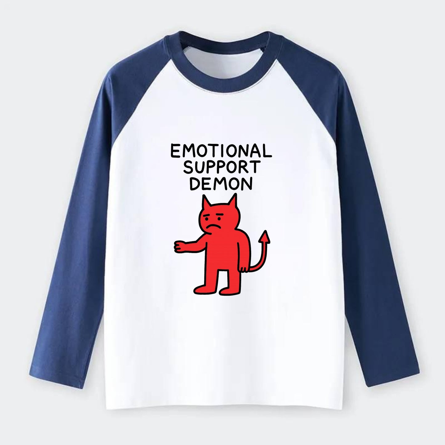EMOTIONAL SUPPORT DEMON | Devil caring reluctantly - Raglan Long Sleeve T-Shirt - Blue