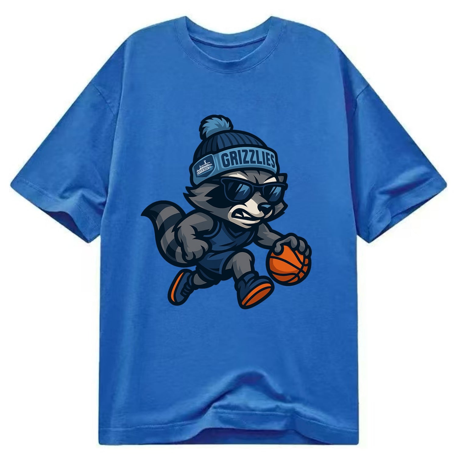 Memphis Raccoon wearing Grizzlies beanie with riverboat patch and wayfarer - Classic T-shirt - Blue