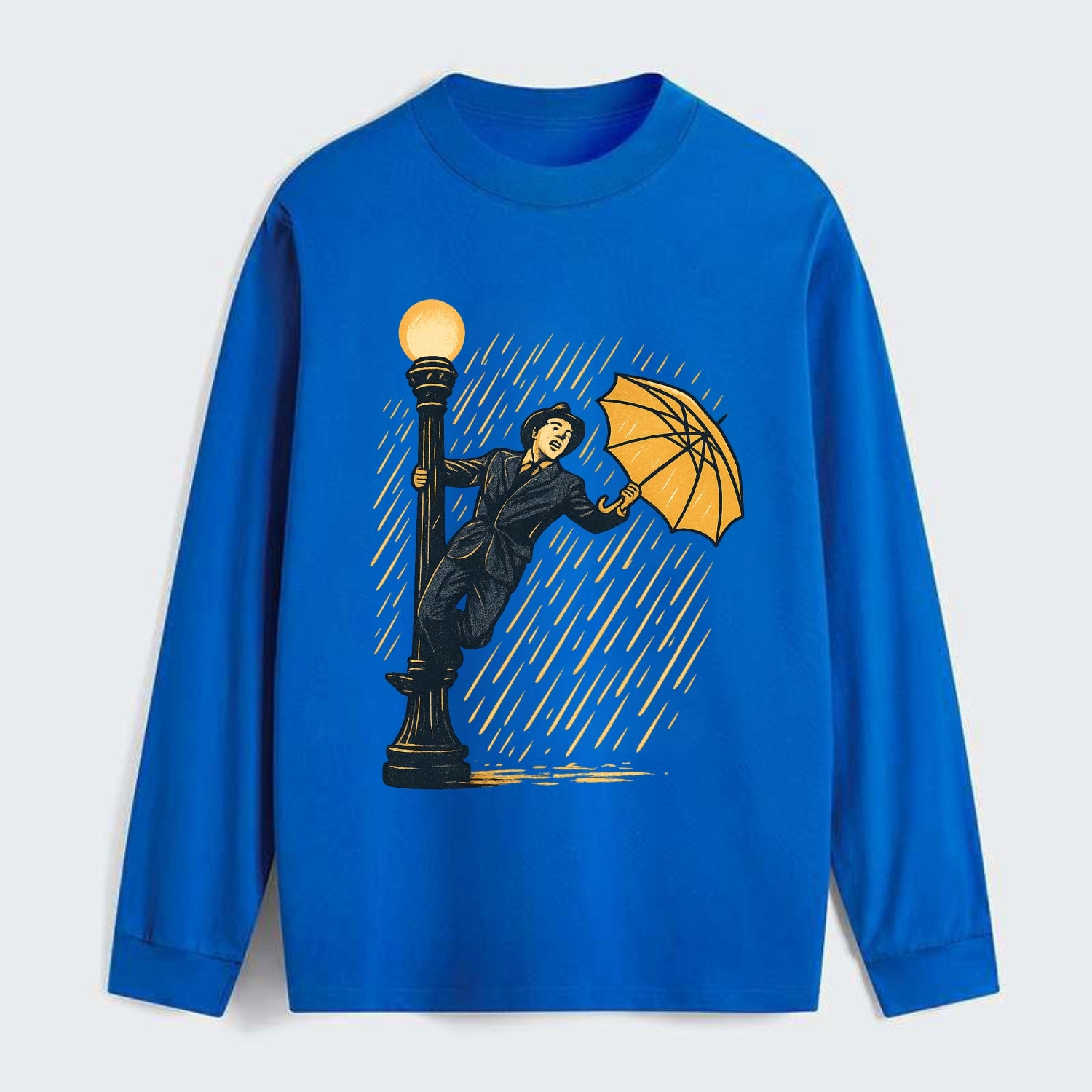 joyful dancing on lamppost in heavy rain with big smile - Classic Long Sleeve Shirt - Blue