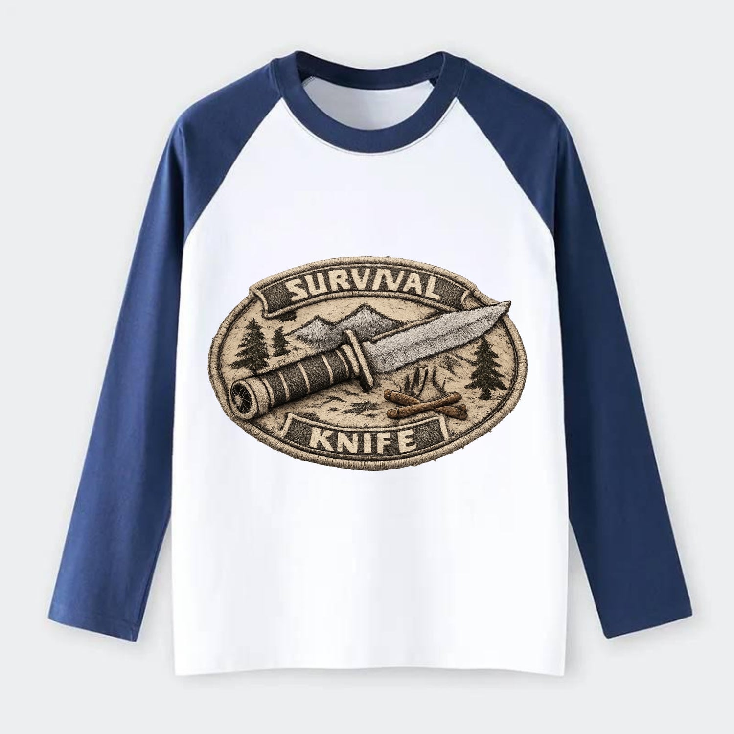 SURVIVAL KNIFE - fixed blade with compass in silver and black , - Raglan Long Sleeve T-Shirt - Blue