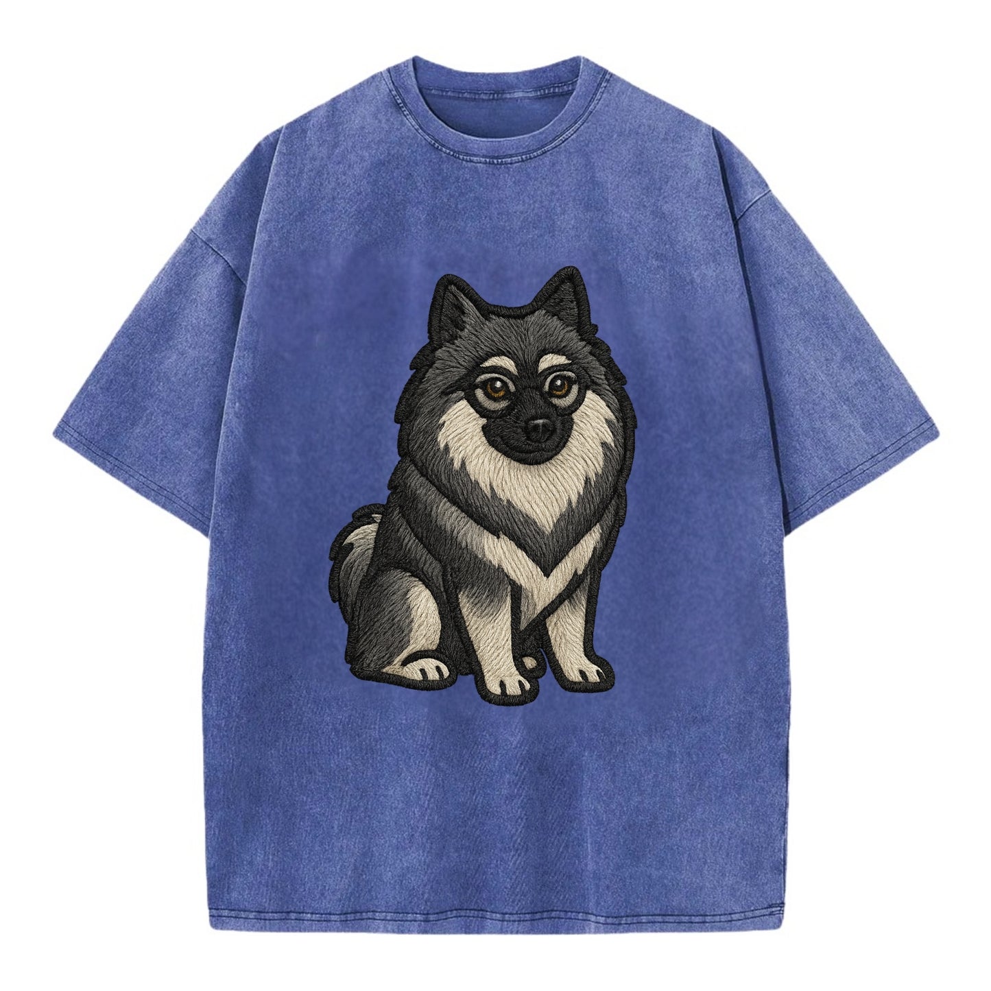 Keeshond - Gray and black spectacles embroidered design - Vintage T-shirt - Blue