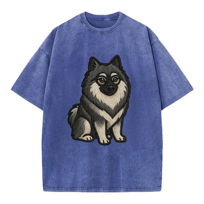 Keeshond - Gray and black spectacles embroidered design - Vintage T-shirt - Blue