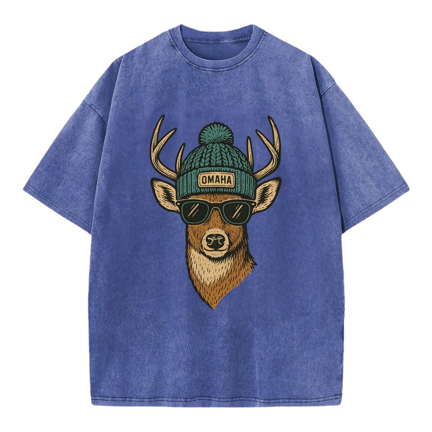 Nebraska White-tailed Deer wearing Omaha beanie with pom pom and wayfarer - Vintage T-shirt - Blue