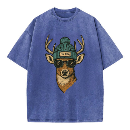 Nebraska White-tailed Deer wearing Omaha beanie with pom pom and wayfarer - Vintage T-shirt - Blue