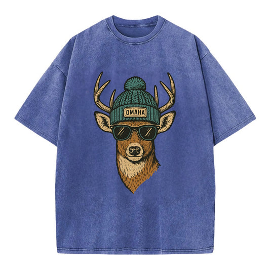 Nebraska White-tailed Deer wearing Omaha beanie with pom pom and wayfarer - Vintage T-shirt - Blue