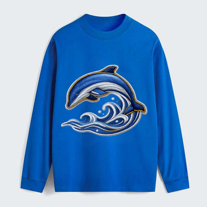 Embroidered patch design - SWIMMING DOLPHIN - diving dolphin with waves - Classic Long Sleeve Shirt - Blue