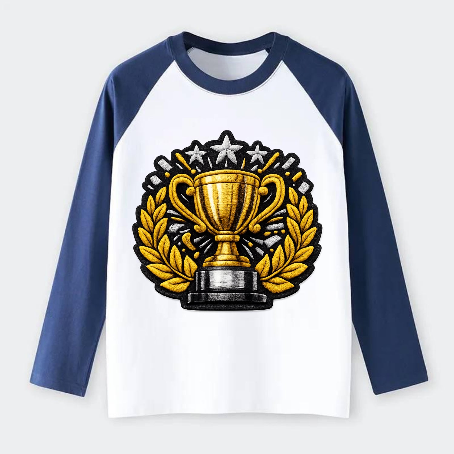 Embroidered patch design - CHAMPIONSHIP TROPHY - golden trophy cup - Raglan Long Sleeve T-Shirt - Blue