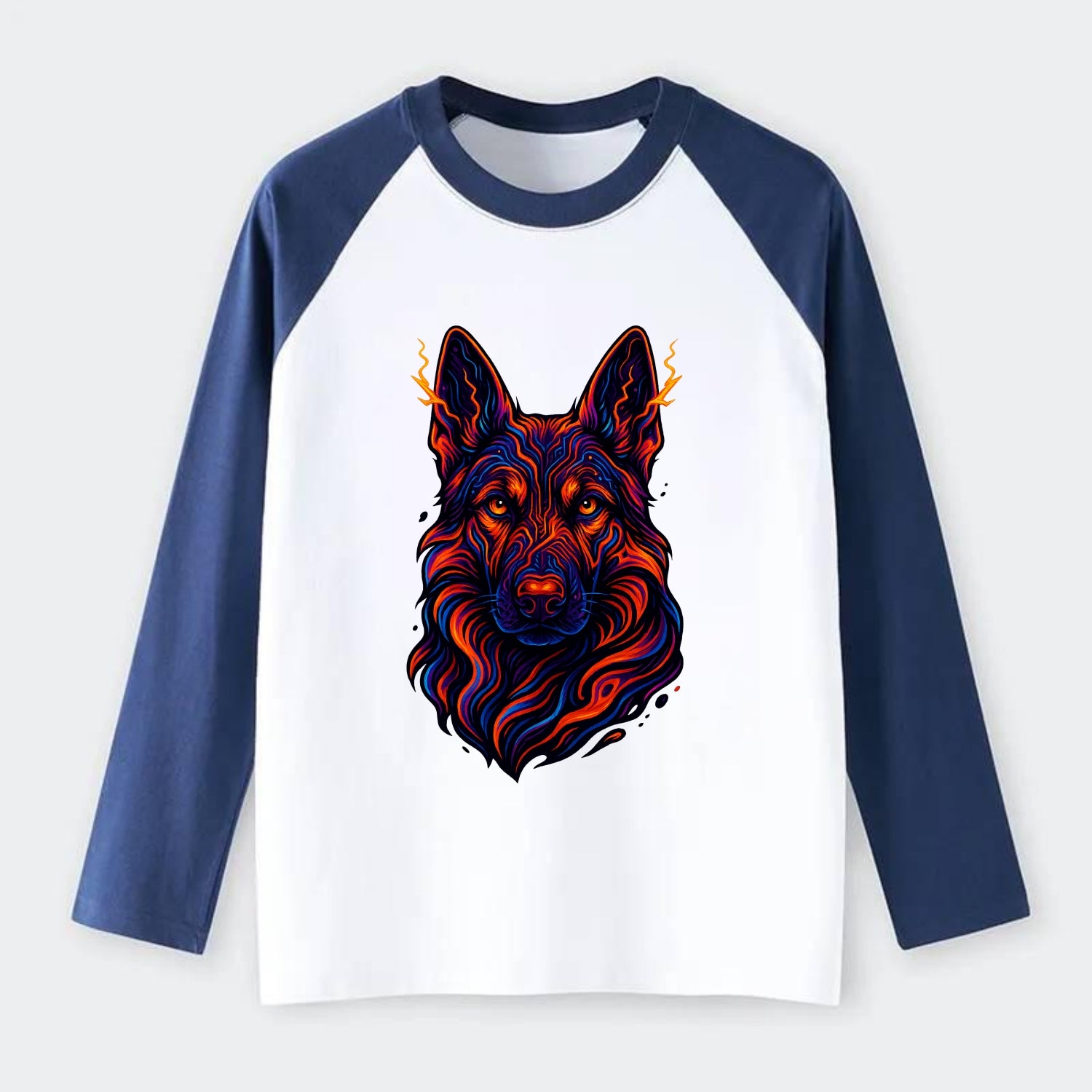 Alert German Shepherd with cyber circuit patterns in the fur, neon - Raglan Long Sleeve T-Shirt - Blue
