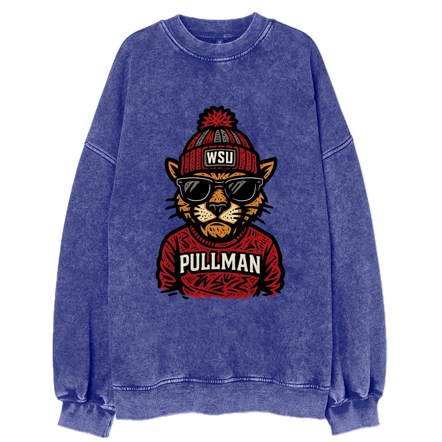 Pullman Cougar wearing Washington State beanie with WSU patch - Vintage Sweatshirt - Blue