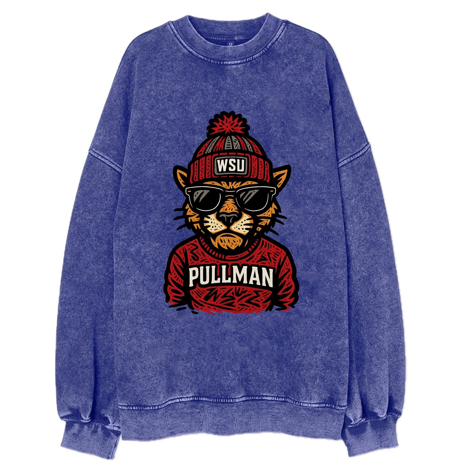 Pullman Cougar wearing Washington State beanie with WSU patch - Vintage Sweatshirt - Blue