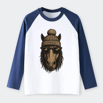 North Dakota Nokota Horse wearing Fargo beanie with pom pom and - Raglan Long Sleeve T-Shirt - Blue