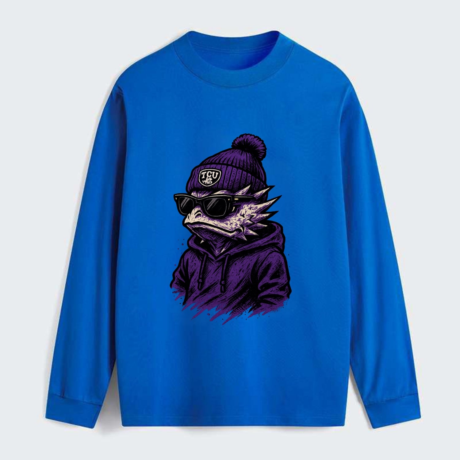 Fort Worth Horned Frog wearing TCU beanie with frog patch - Classic Long Sleeve Shirt - Blue