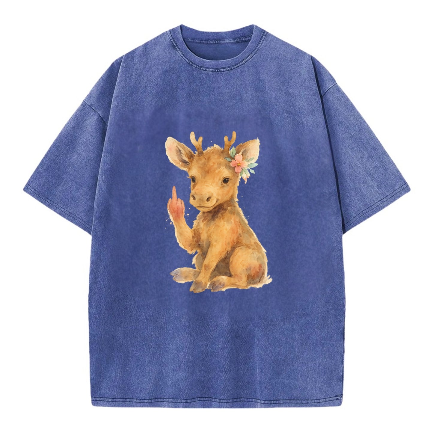 baby moose with adorable tiny antlers, one hoof raised in attitude - Vintage T-shirt - Blue
