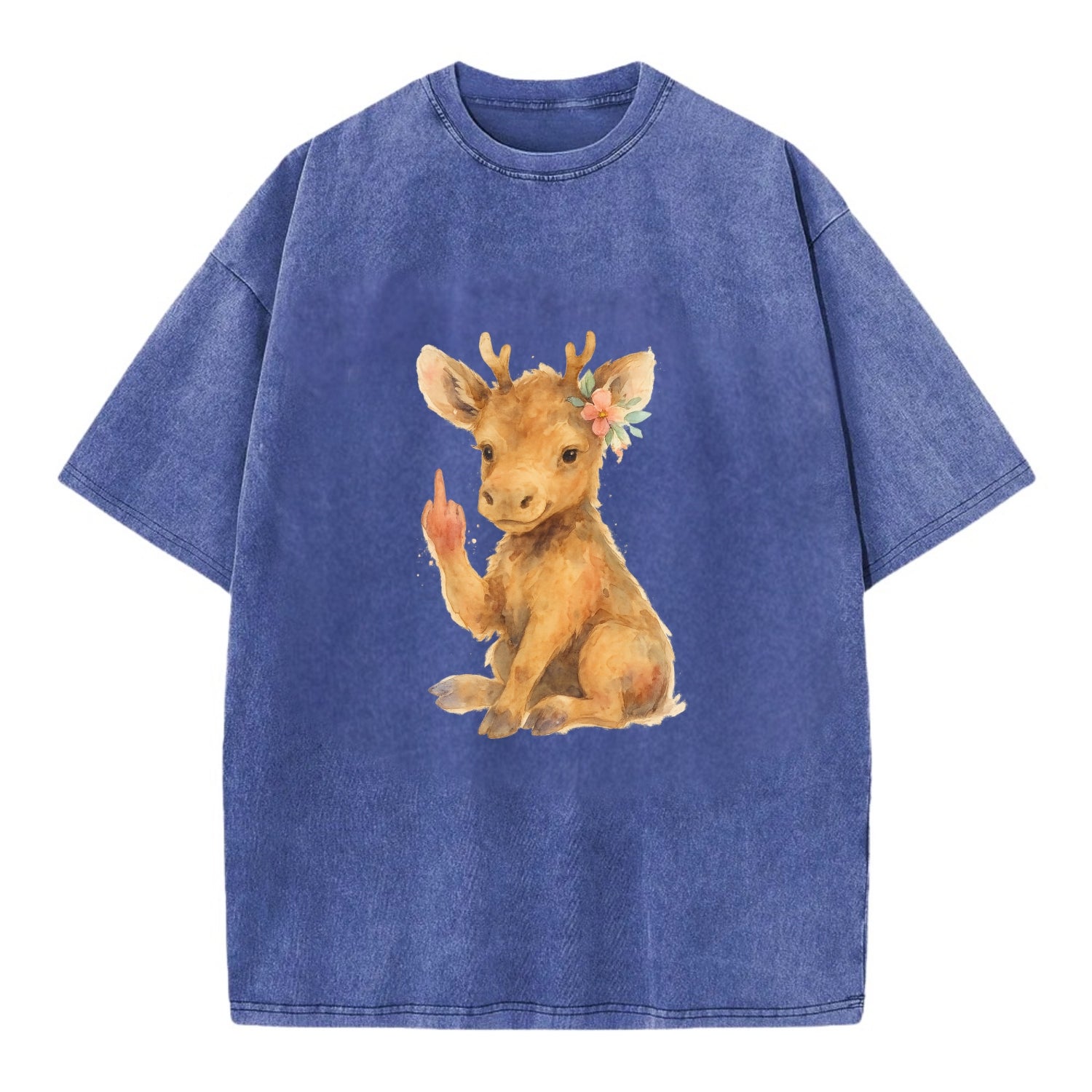 baby moose with adorable tiny antlers, one hoof raised in attitude - Vintage T-shirt - Blue