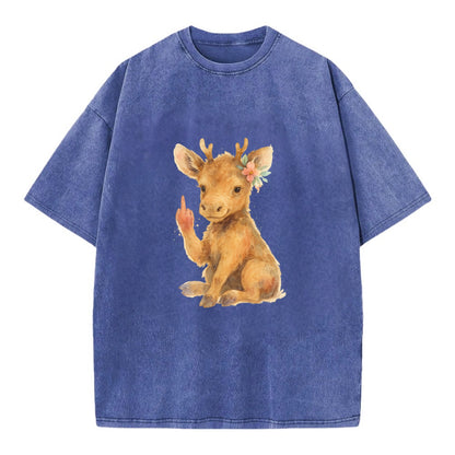 baby moose with adorable tiny antlers, one hoof raised in attitude - Vintage T-shirt - Blue
