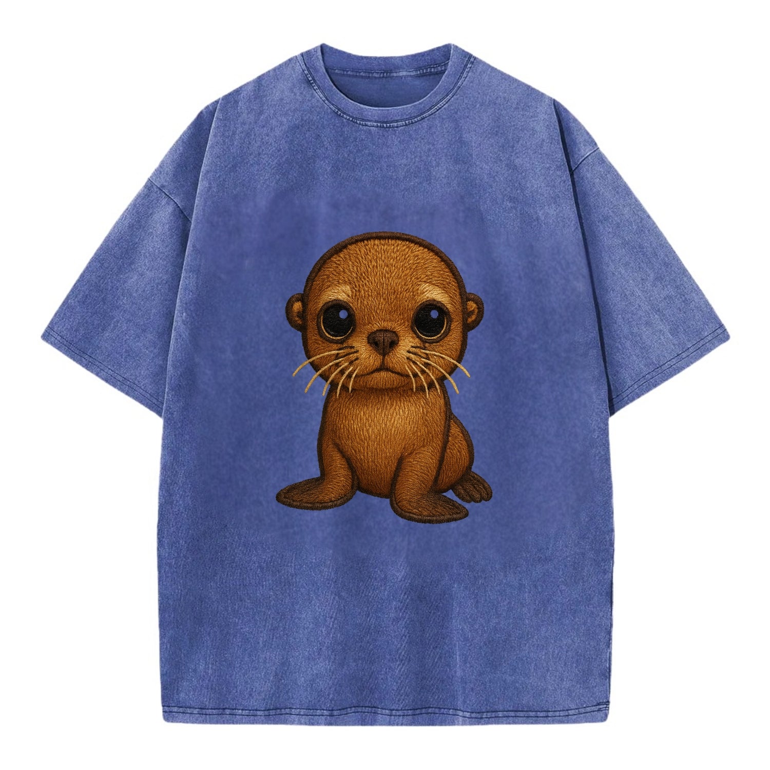 Baby California Sea Lion - golden brown, large expressive eyes, whiskers, - Vintage T-shirt - Blue